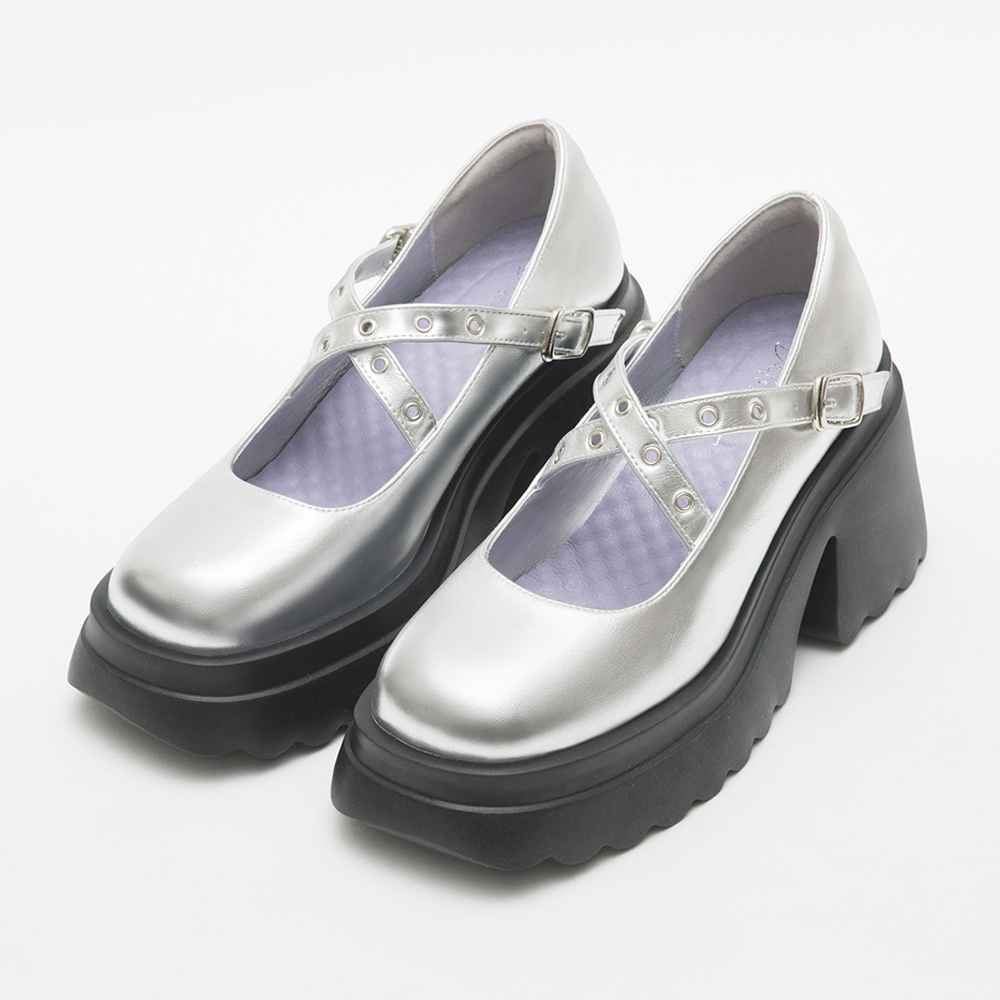 Metallic Cross-Straps Thick Sole Mary Jane Shoes Silver