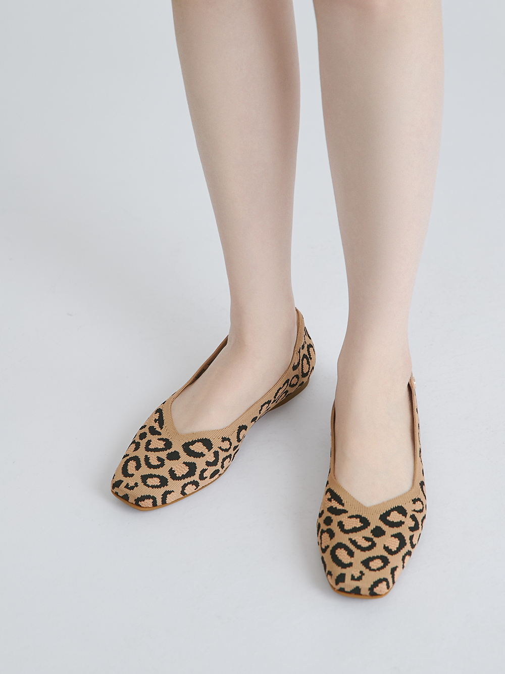 【3D零感雲織鞋】豹紋方頭娃娃鞋 杏色豹紋