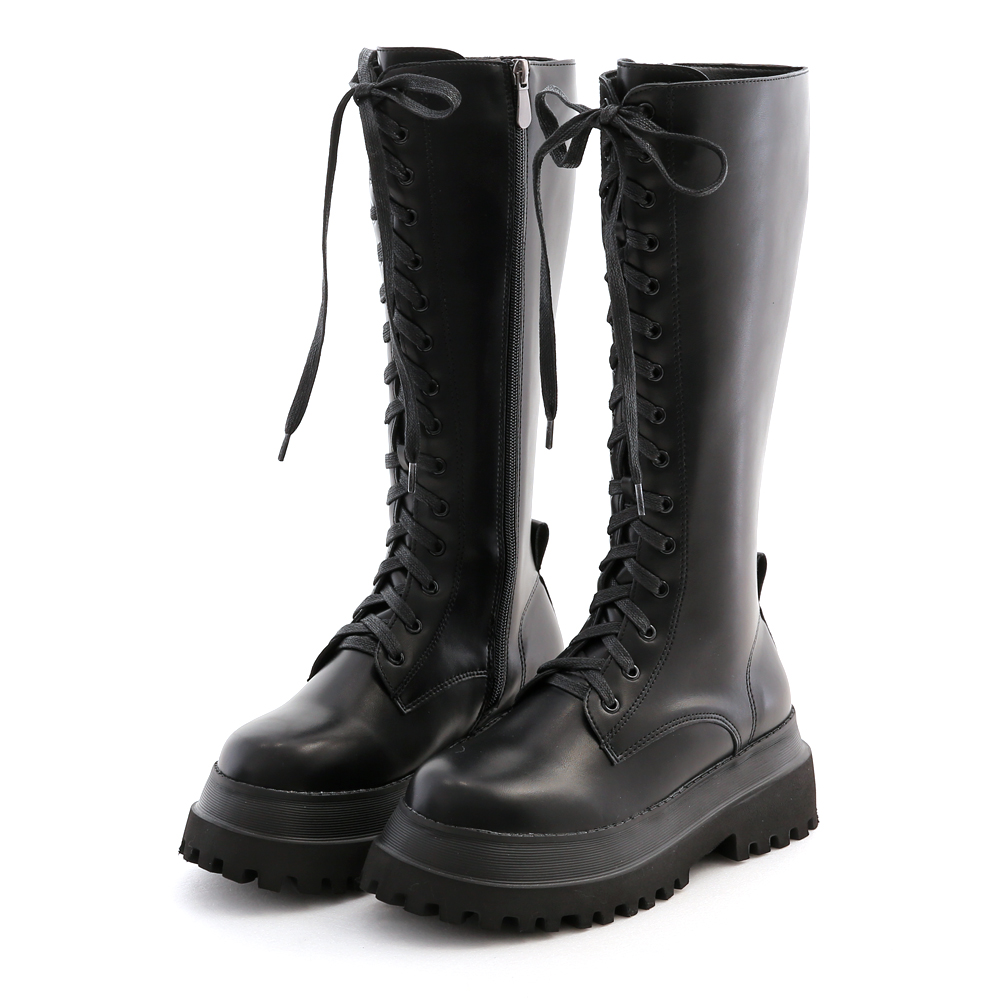 Thick Sole Lace Up Knee Boots Black