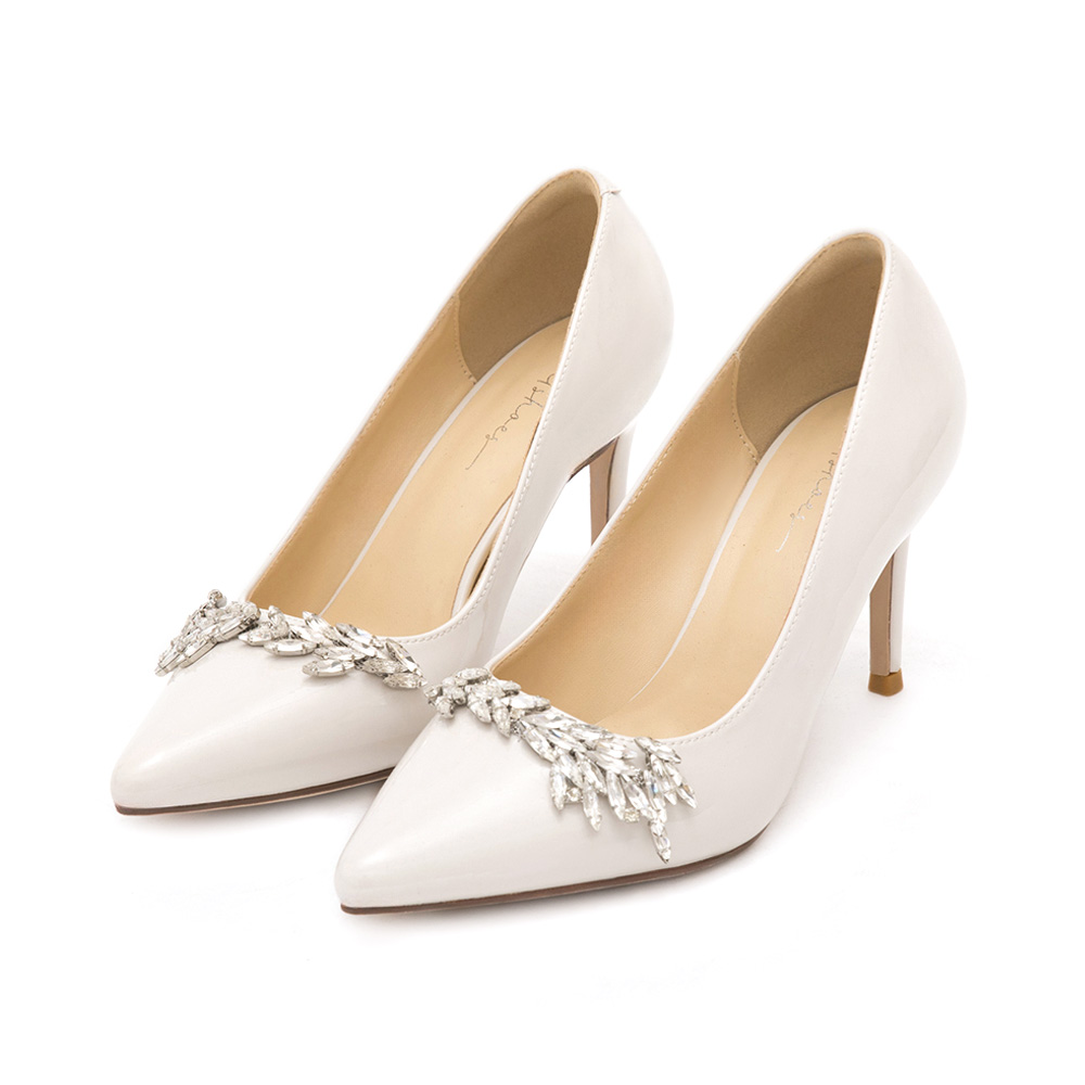 Glamour Gem-Embellished Patent Leather 8cm Heels French Vanilla White