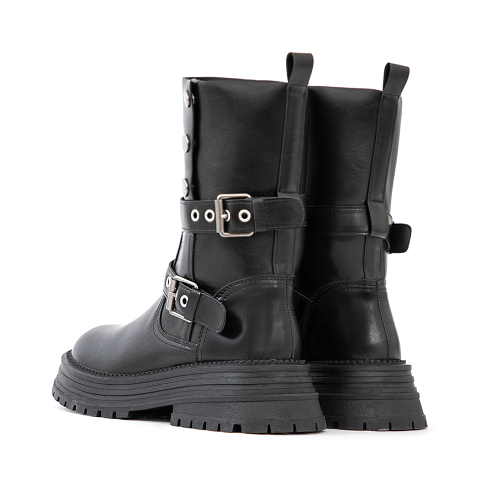 復古騎士釦環排釦機車短靴 黑色