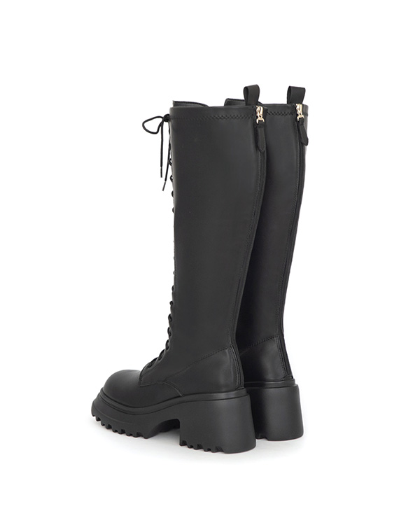 女團風輕量厚底綁帶長靴 黑色