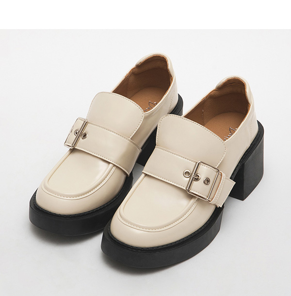 Big Buckle Thick Sole High Heel Loafers Vanilla