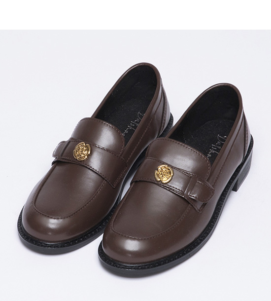 Camellia Golden Coin Decor Low-Heeled Loafers Dark Brown
