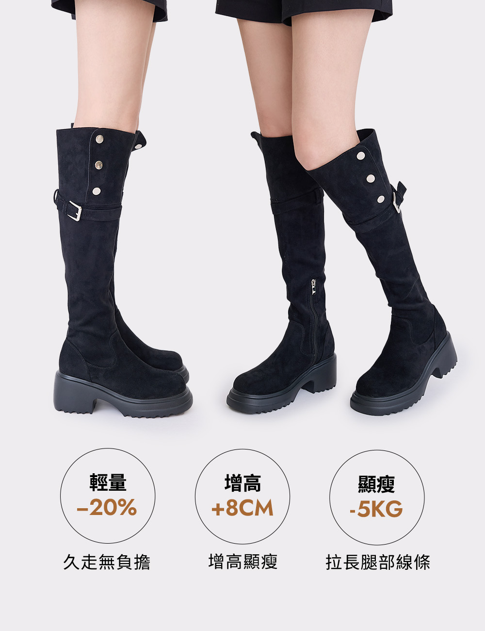 時尚探索三排釦輕量厚底過膝靴 卡其杏