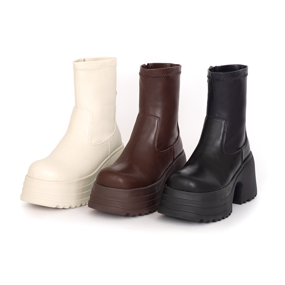 愛豆偶像素面厚底瘦瘦短靴 咖啡色