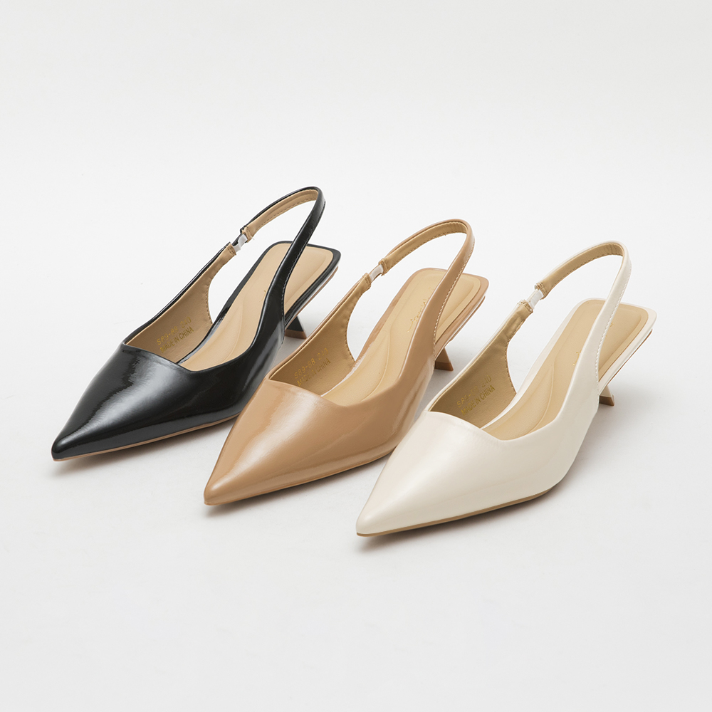 Elegant Pointed Toe Patent Mid-Heel Slingbacks 奶茶