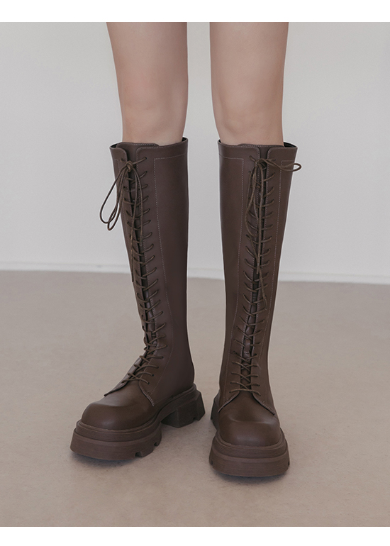 Thick Sole Lace-Up Martin Tall Boots Brown