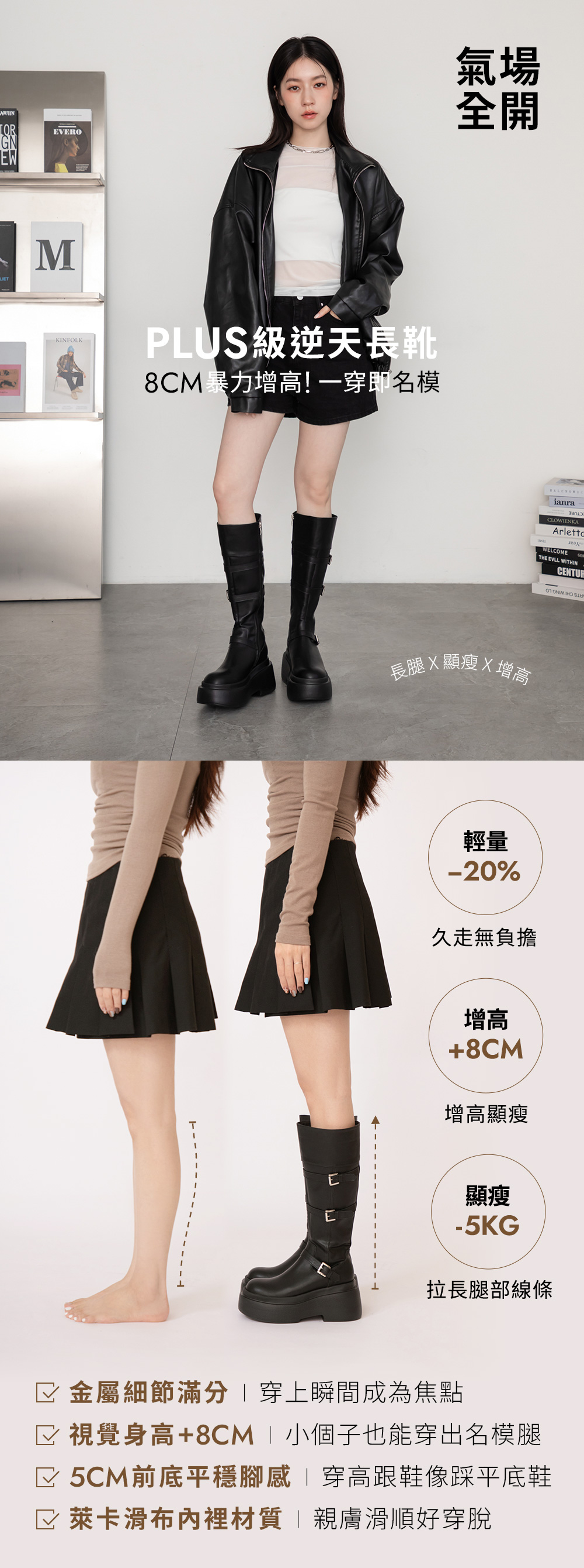 霸氣登場Plus級釦環加厚底釦環長靴 時尚黑