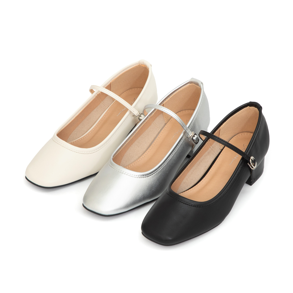 甜蜜蜜方頭氣質粗跟瑪莉珍鞋 米白色