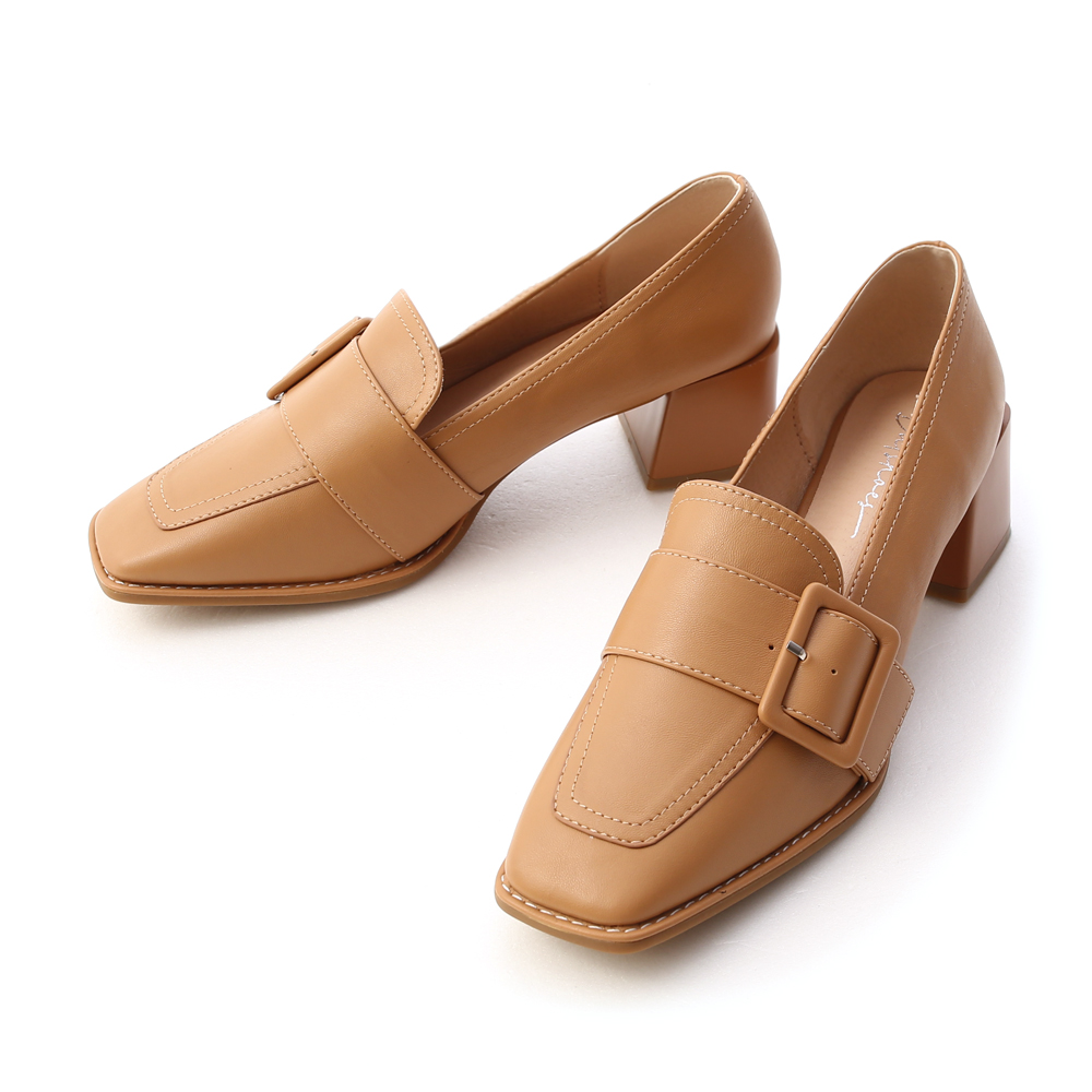 Square Toe Mid-Heel Buckle Loafers Brown