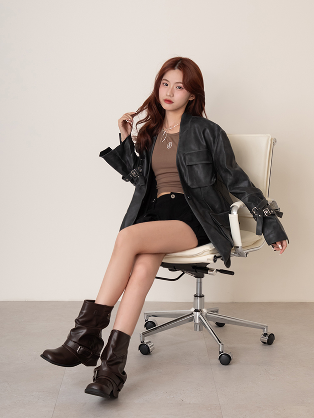 潮流對決釦環堆堆褲管短靴 咖啡色