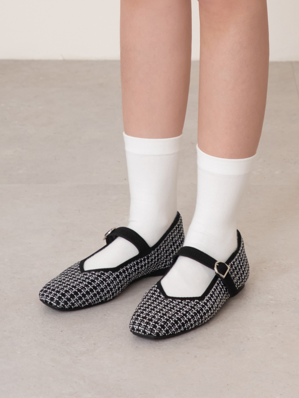 【3D零感雲織鞋】方頭瑪莉珍鞋 黑白毛呢