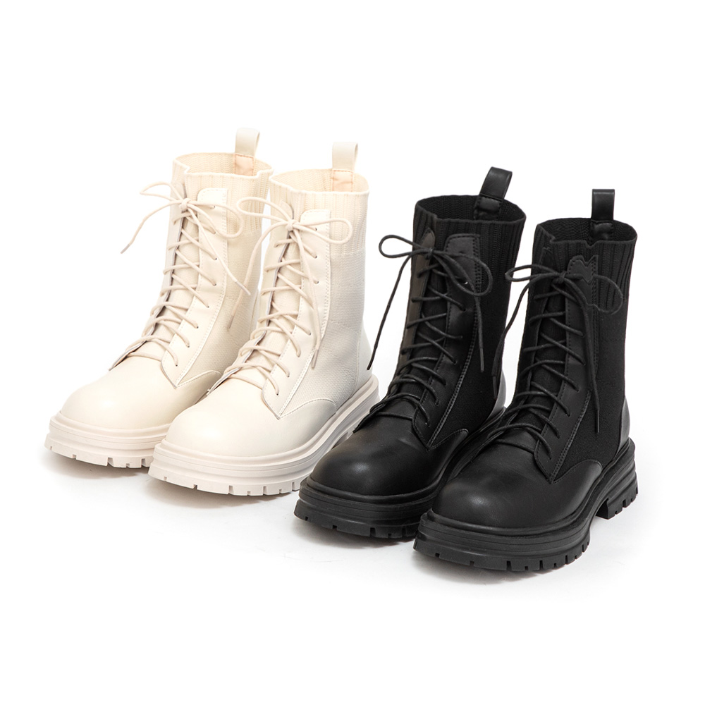 個性boy風針織拼接綁帶短靴 黑色