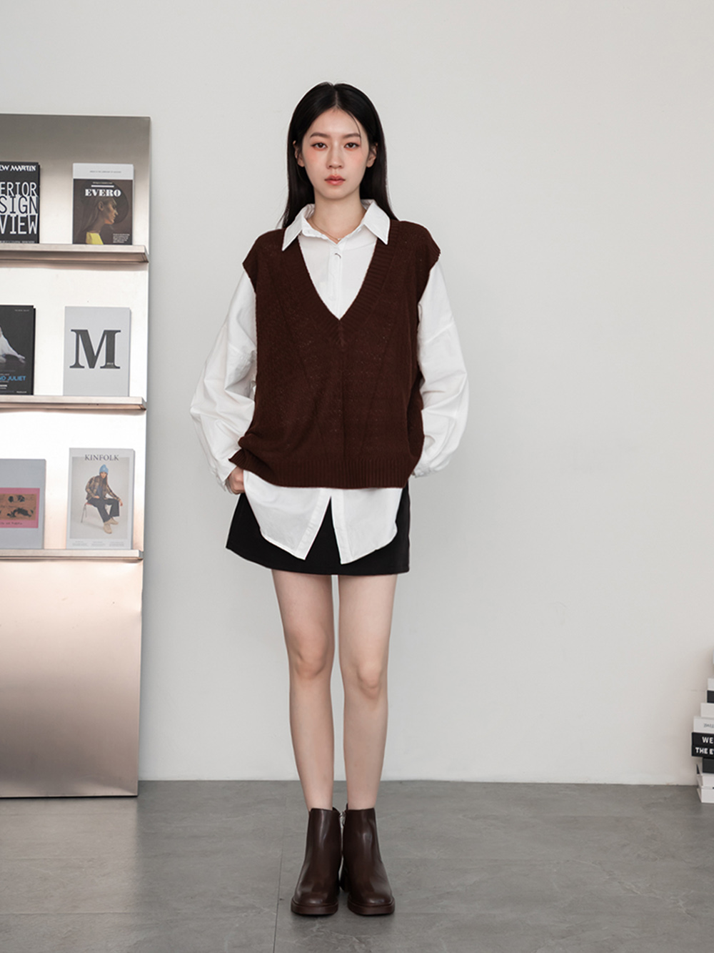 時髦指標方頭木紋跟切爾西短靴 咖啡