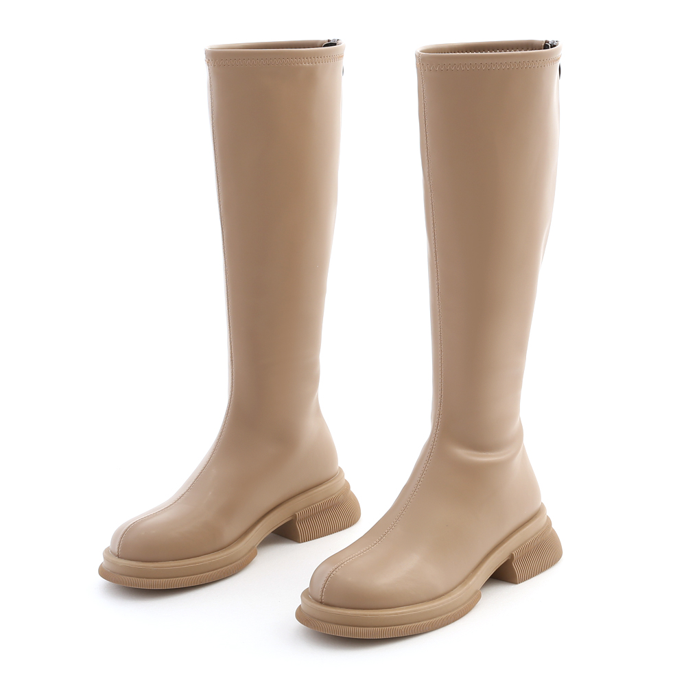Plain Round Toe Under-The-Knee Boots Beige