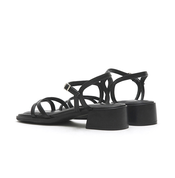 Curved Strap Square Toe Low-Heel Sandals Black