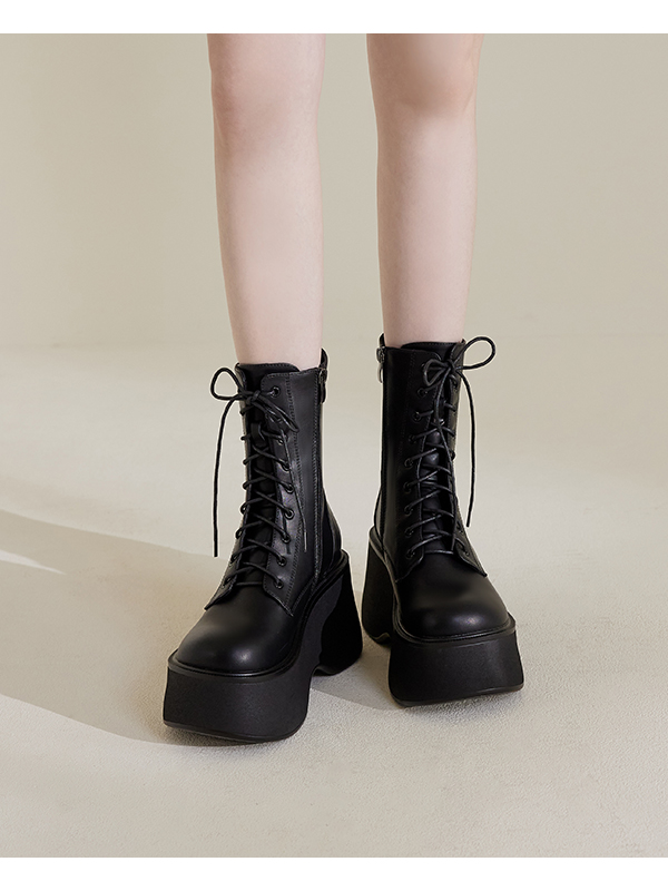 K-pop Girl Thick-Sole Lace-Up Ankle Boots Black