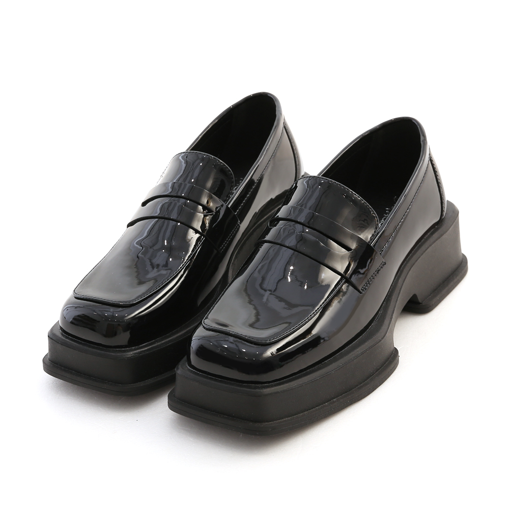 Square Toe Patent Leather Platform Loafers Black │ D+AF Official