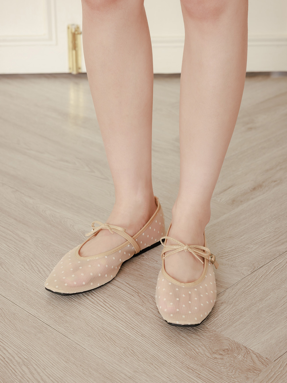 法式點點網紗蝴蝶結瑪莉珍鞋 杏