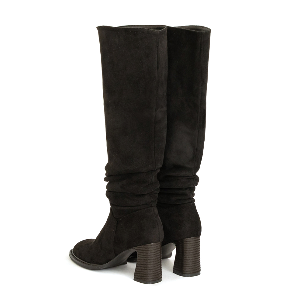 曠野玫瑰圓頭木紋跟堆堆長靴 黑色