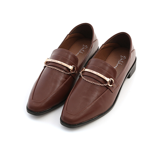 Metal Chain Pointy Loafers Dark Brown