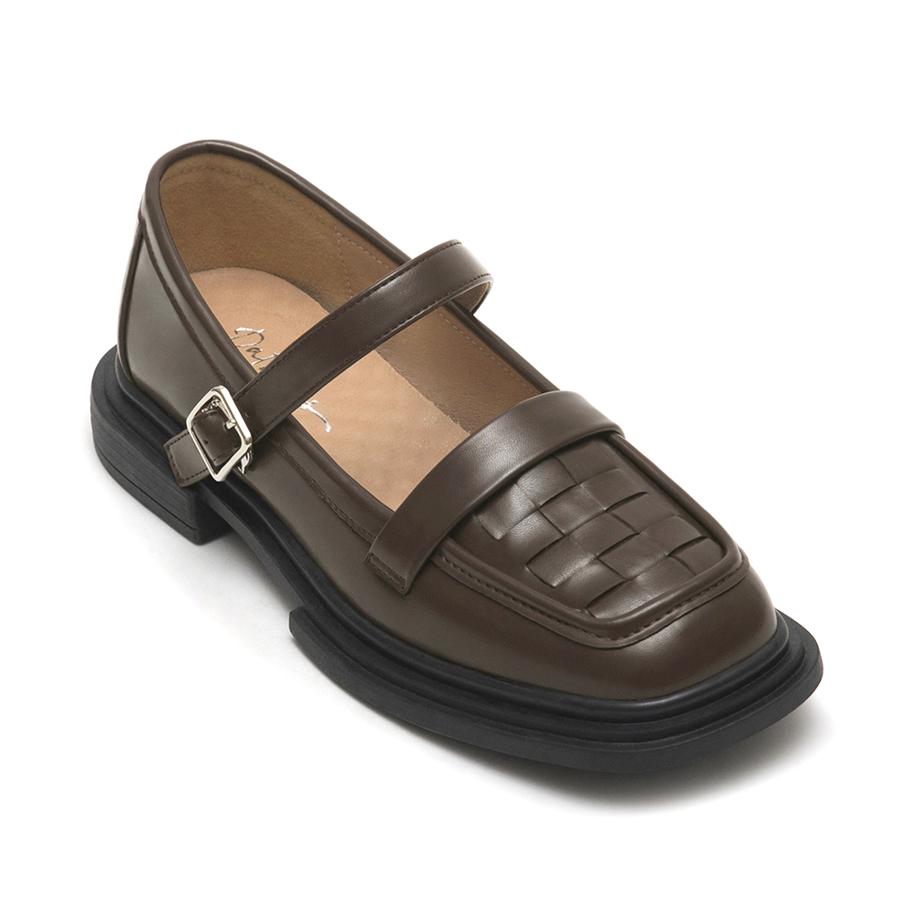 棋盤格編織樂福瑪莉珍鞋 咖