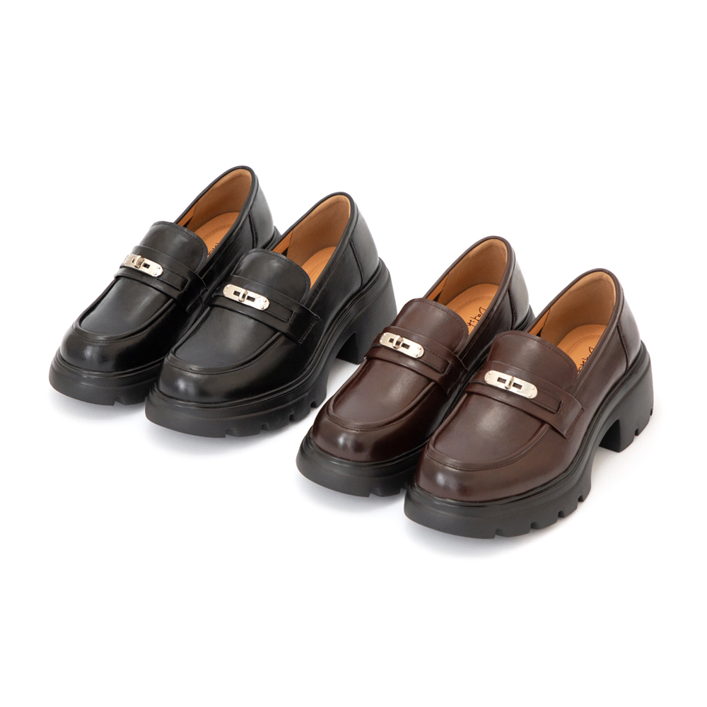 【真皮系列】金屬鎖釦輕量底樂福鞋 棕色