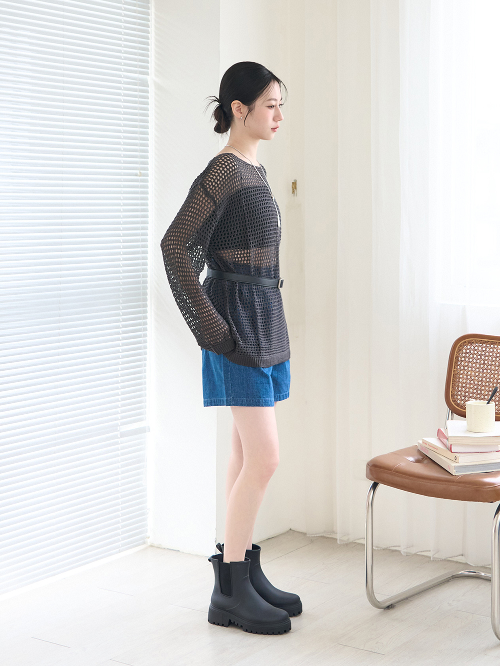 【機能鞋墊】鬆緊拼接內增高切爾西雨靴 黑色