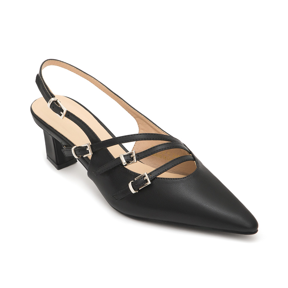 Three-Strap Pointed-Toe Slingback Heels Black