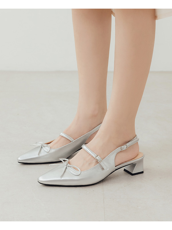 Bow Tie Pointed Toe Slingback Heels Silver