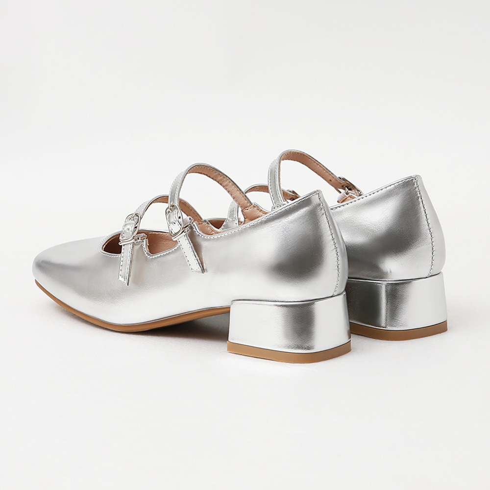 4D Cushioned Double-strap Low Heel Mary Jane Shoes Silver