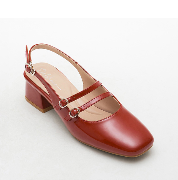 Patent Leather Double Strap Low-Heel Slingback Mary Jane Shoes 磚紅