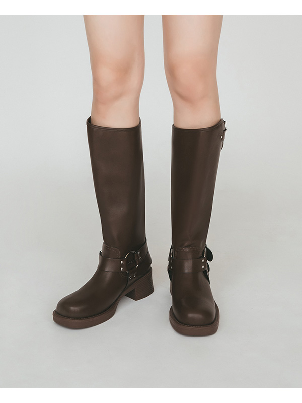 Multi-Buckle Square Toe Low-Heel Boots Dark Brown