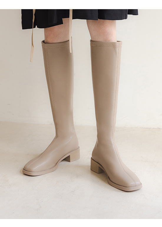 Square Toe Rubber Heel Tall Boots Beige