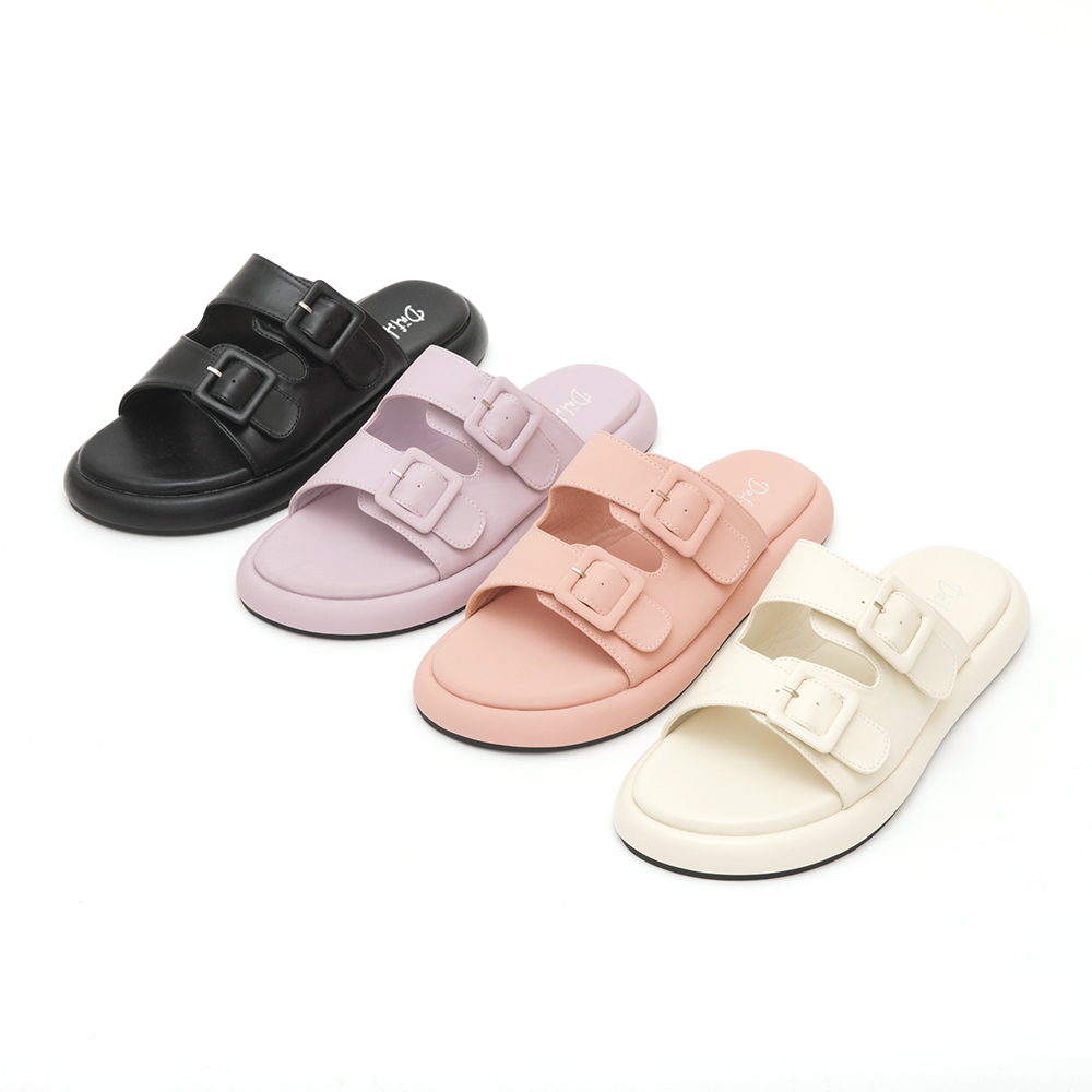 Pastel Square Buckle Cute Flat Sandals Pink