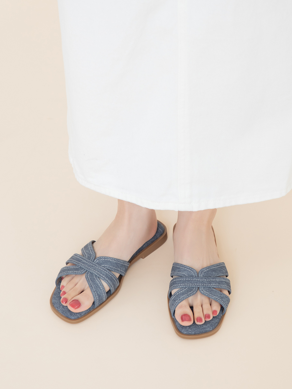 慵懶假期立體車線平底拖鞋 牛仔藍