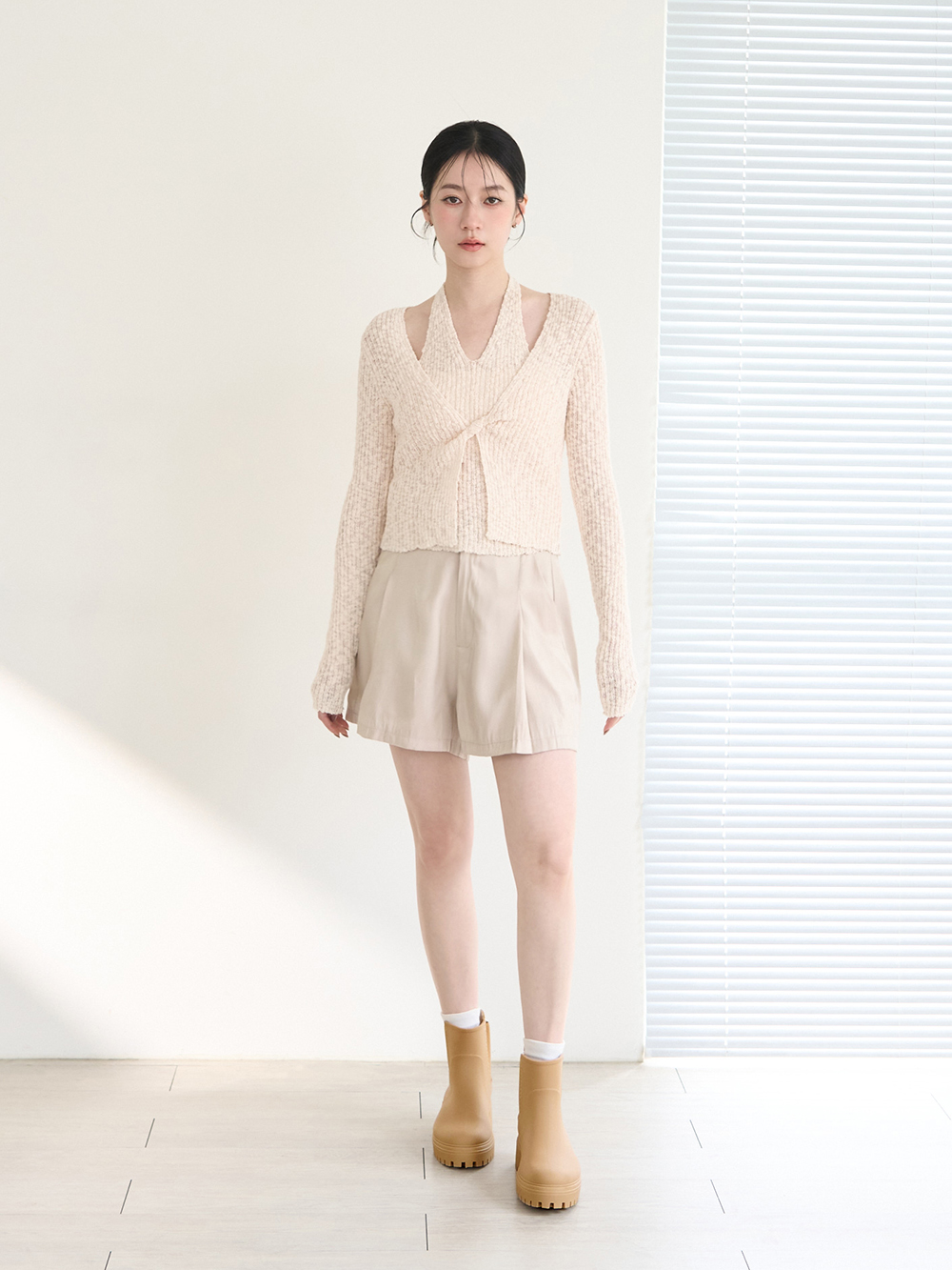 【機能鞋墊】鬆緊拼接內增高切爾西雨靴 杏色