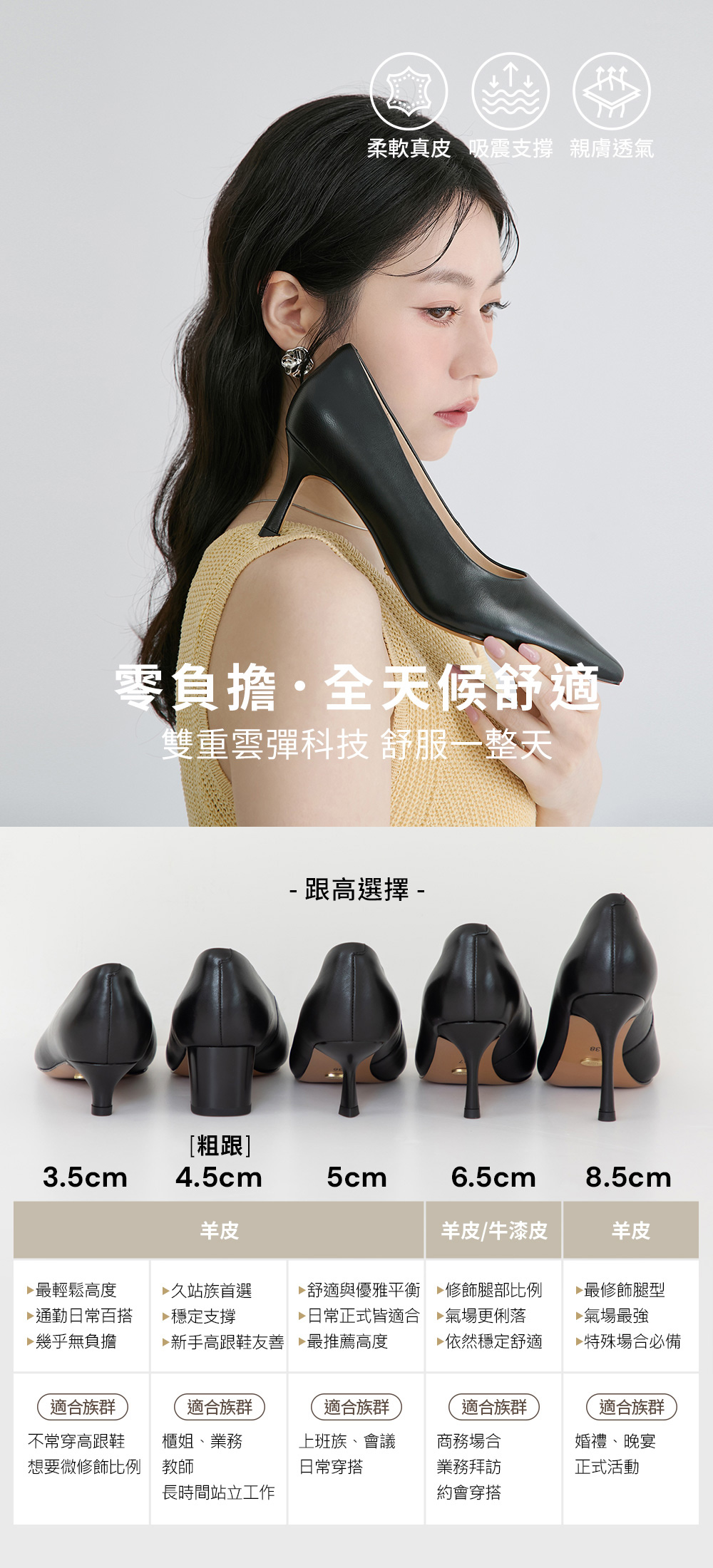 【真皮系列】8.5cm全能氣墊真皮高跟鞋 時尚黑