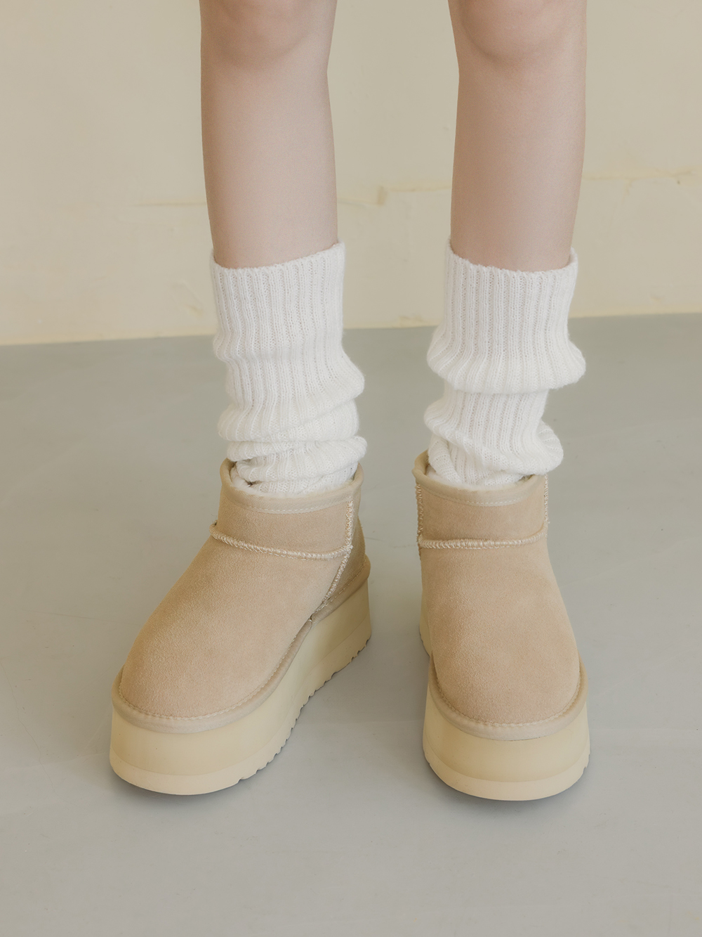 冬戀5cm增高底真皮短筒雪靴 沙色