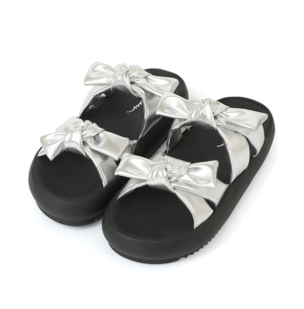 可愛雙蝴蝶結胖胖底氣墊拖鞋 銀