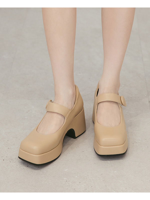 Square-Toe Thick-Soled Mary Jane Shoes Beige