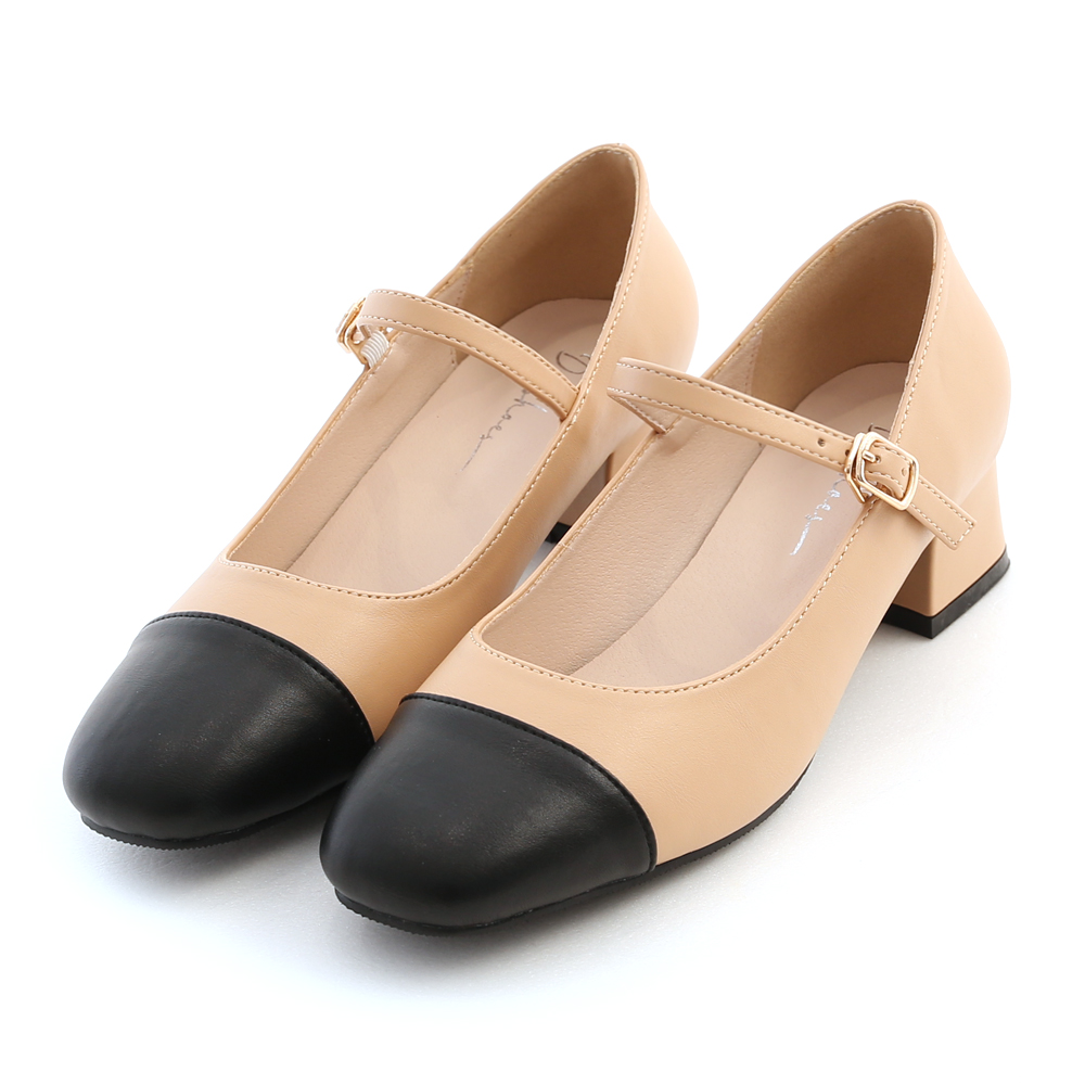 Black Toe Heeled Mary Jane Shoes Beige