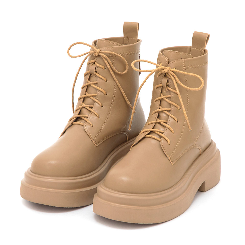 偶像學園輕量厚底綁帶短靴 杏色