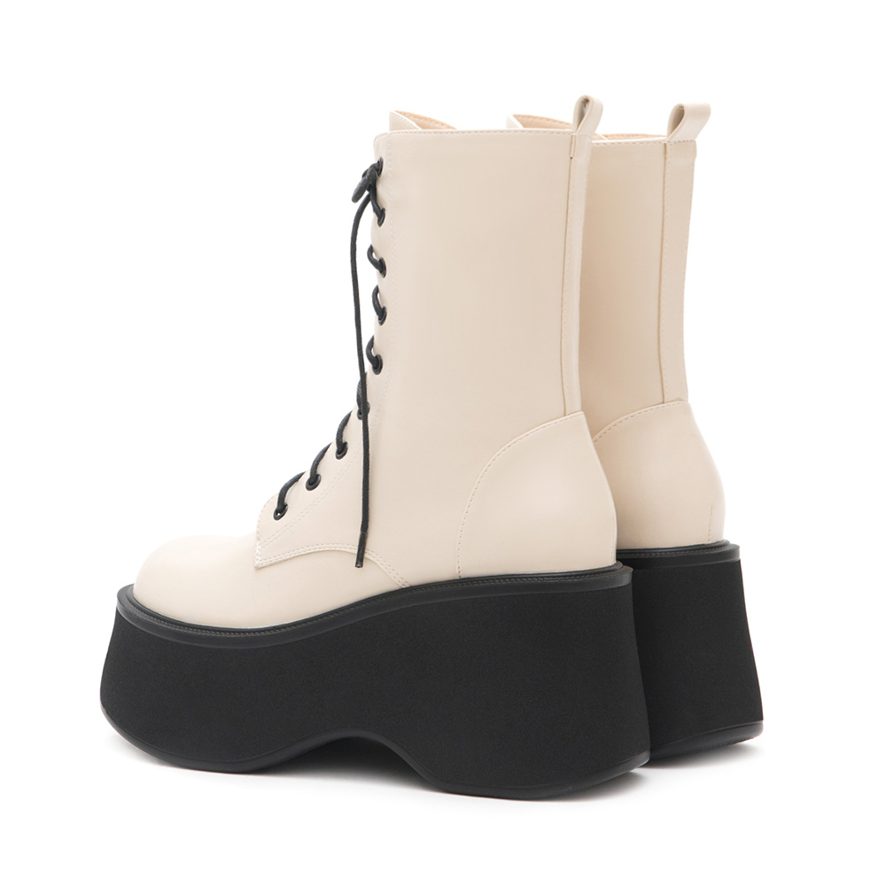 K-pop Girl Thick-Sole Lace-Up Ankle Boots Beige