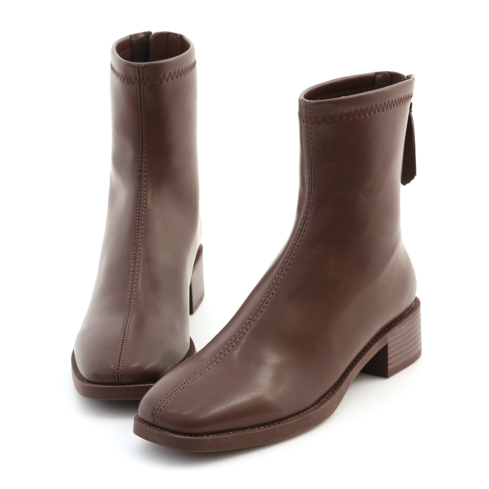 百搭時尚．中車線方頭木紋跟襪靴 復古咖