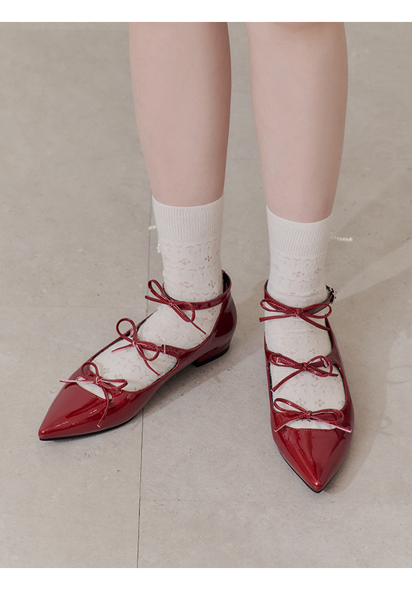 Gothic Bow Triple-Strap Pointed Shoes Red