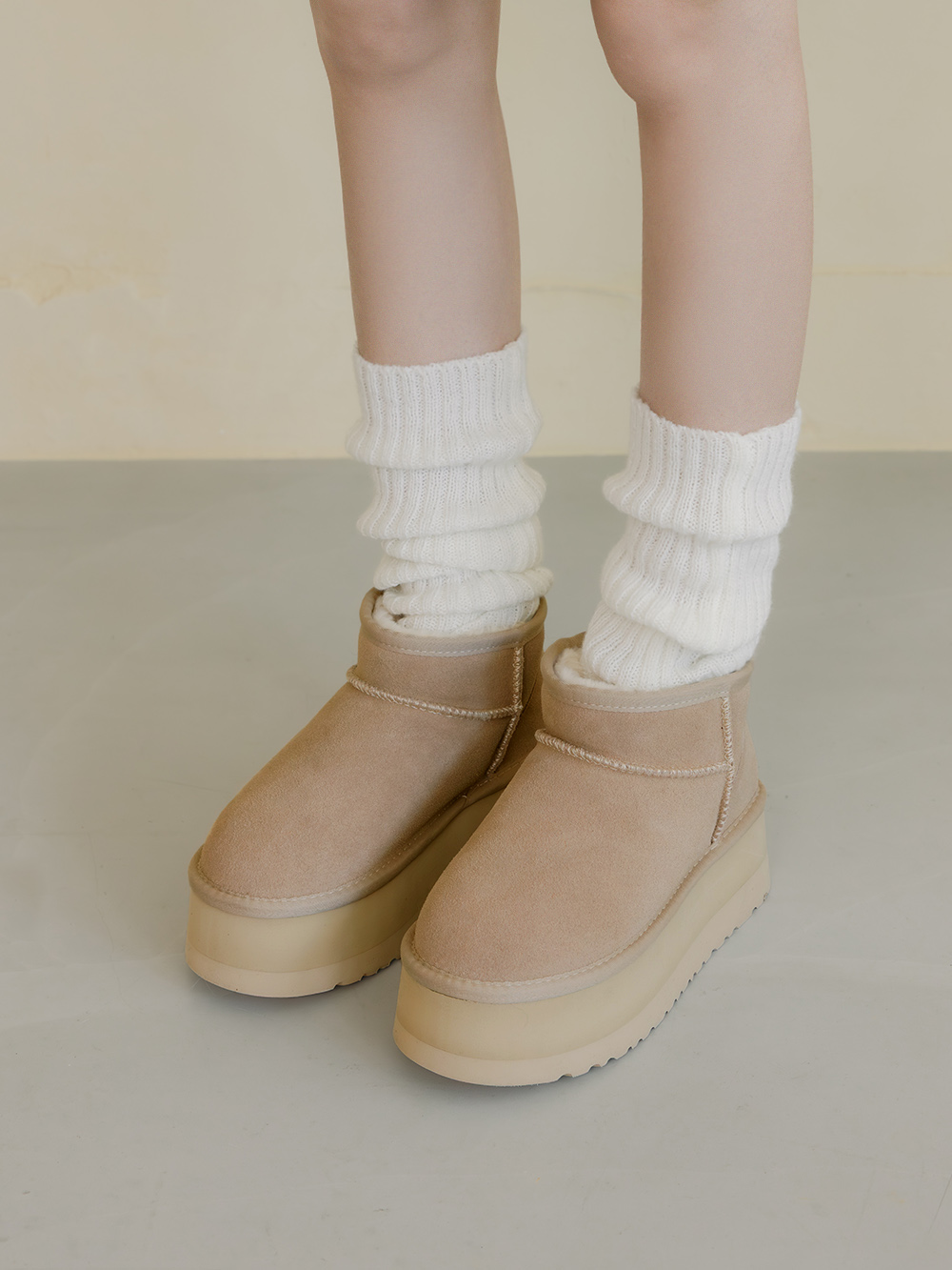 冬戀5cm增高底真皮短筒雪靴 沙色