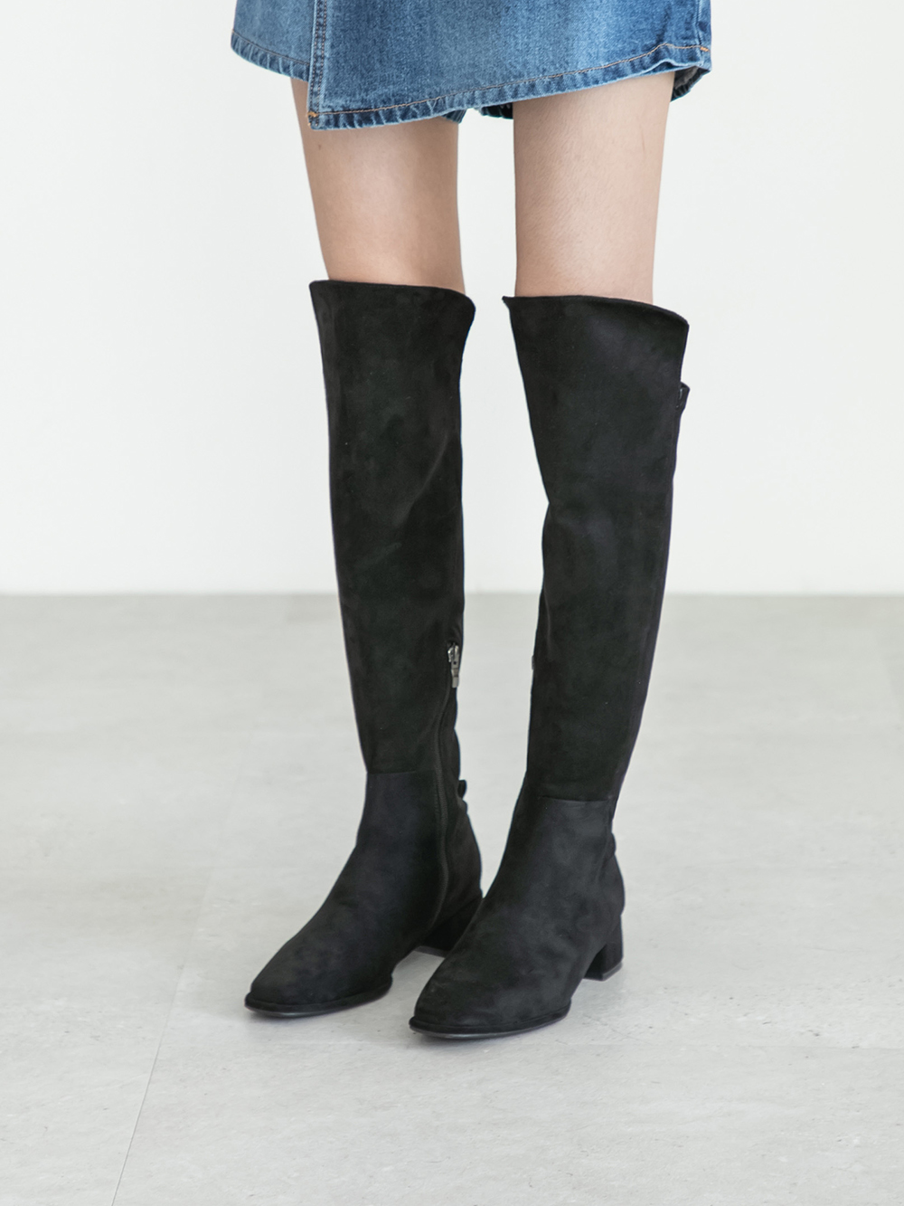 百變主題顯瘦拼接膝上長靴 絨黑色