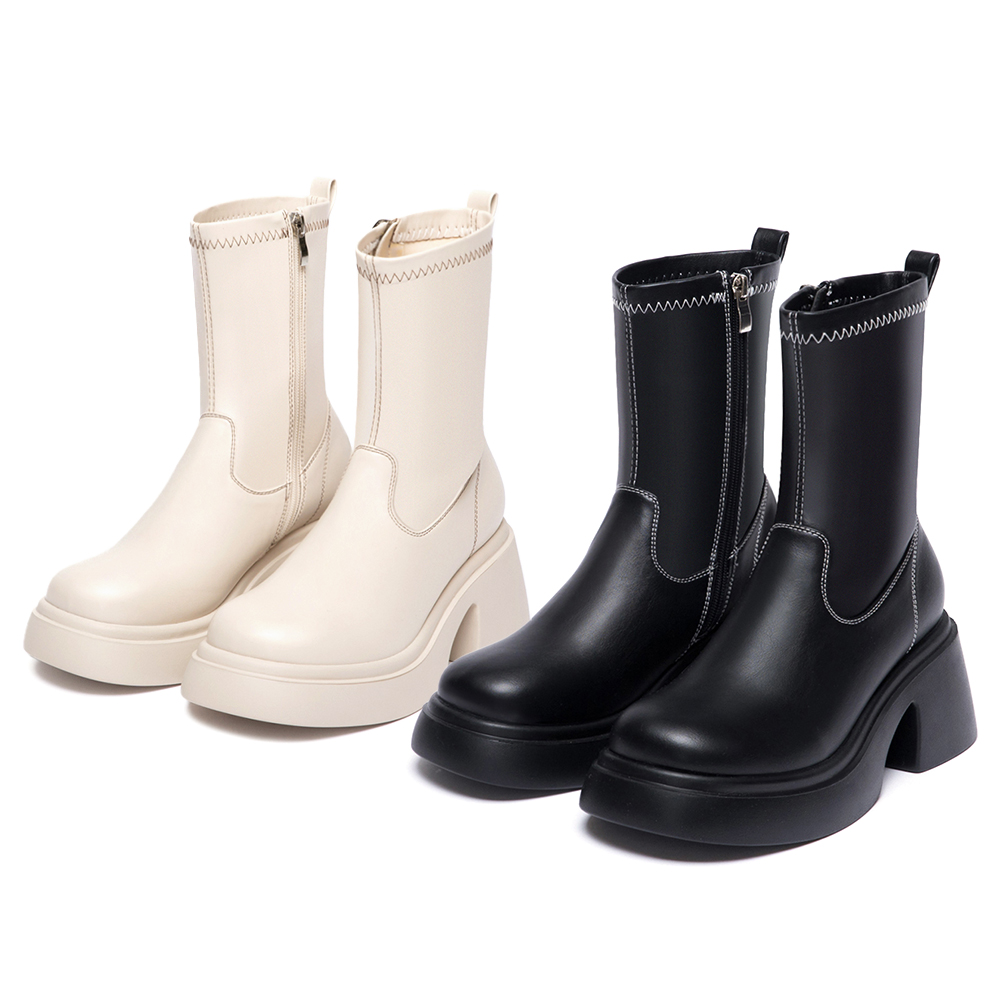 冬日美學．輕量加厚底撞色車線瘦瘦靴 時尚黑